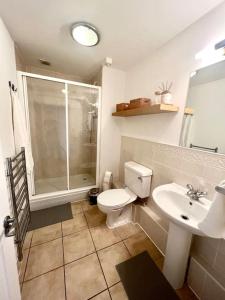 a bathroom with a toilet and a sink and a shower at Cosy apartment in town centre in Finedon