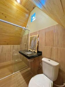 a bathroom with a toilet and a sink at Pousada Vale da Neblina in Ubajara