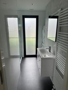 BadHoophuizen 6-per Bungalow Veluwemeer Trampoline في هولْسْهورست: حمام أبيض مع حوض ومرآة