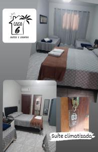 a collage of photos of a hotel room with two beds at Casa 6 Suites e Eventos in Itaipuaçu