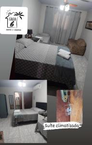 two pictures of a room with a bed and a living room at Casa 6 Suites e Eventos in Itaipuaçu