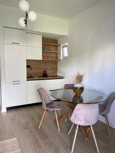 kuchnia ze szklanym stołem i 2 krzesłami w obiekcie Apartments Mrdak w Barze