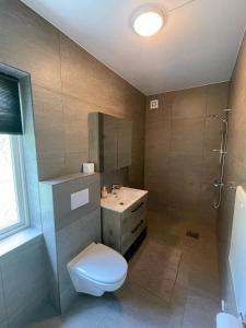 uma casa de banho com um WC, um lavatório e um chuveiro em Vestby Park em Vestby