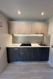 a kitchen with wooden cabinets and a sink in it at Camping I Melograni in Marina di Bibbona