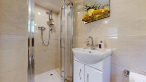 a bathroom with a shower and a sink and a toilet at Cosy 1 bed Garden Lodge Close to Nottingham City Centre in Nottingham