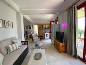 sala de estar con sofá y TV en Cozy 2-bdrm-house with garden and view, Katouna Home III, en Katouna