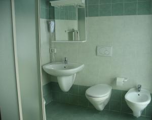 La salle de bains est pourvue d'un lavabo, de toilettes et d'un miroir. dans l'établissement Da Santo Hotel Ristorante Pizzeria, à Ferrare
