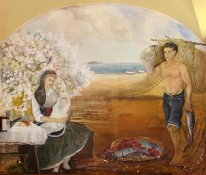 a painting of a man and a woman with an umbrella at Hotel Marblau Tossa in Tossa de Mar