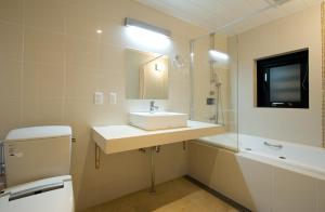 ein Badezimmer mit einem Waschbecken, einem WC und einem Spiegel in der Unterkunft Udelka A in Niseko