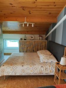 Cette chambre comprend un grand lit et un plafond en bois. dans l'établissement Chez Serge et Annie, à Polignac