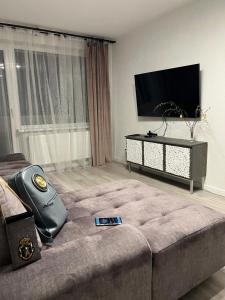 sala de estar con sofá y TV de pantalla plana en LOCUSDO Apartment No.31 en Mažeikiai