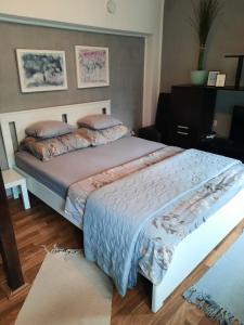a bedroom with a large bed with a white bedspread at Studio Vrnjci 961 in Vrnjačka Banja