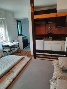 a bedroom with a bunk bed and a table at Studio Vrnjci 961 in Vrnjačka Banja