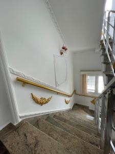a hallway with stairs and a stair railing and a mirror at Villa Selcotis in Golem