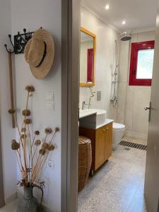 a bathroom with a sink and a toilet and a mirror at Cozy 2-bdrm-house with garden and view, Katouna Home III in Katouna
