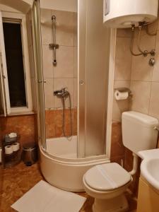 a bathroom with a shower and a toilet and a sink at Inchy Accommodation in Split