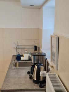 una cucina con lavandino e macchinetta del caffè su un bancone di Hygge Apartment a Warstein