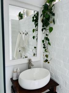 a bathroom with a white sink and a mirror at Sunny Bali Cottage in Mossel Bay +27 photos