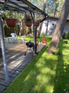 een patio met een barbecue en een boom bij Domek letniskowy Pogorzelica in Pogorzelica