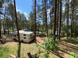 una caravana estacionada en un bosque con árboles en Osada na Cyplu pole namiotowe i campingowe, en Cimochowizna