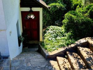 a red door on a house with a stone path at Apartma pri babici in Slovenj Gradec