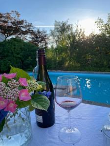 Panorama udsigt og pool في Ålsgårde: كوب من النبيذ يجلس بجوار زجاجة من النبيذ