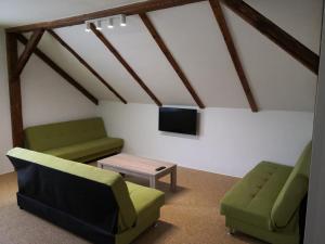 a living room with two green chairs and a tv at Penzion Zelená zahrada in Kladenské Rovné