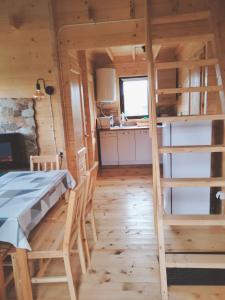 a room with a bed and a kitchen in a log cabin at Pod Bercem in Solina
