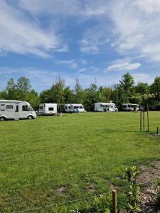 um grupo de trailers estacionados num campo em Lege Kampeerplaats, Camping Alkenhaer em Appelscha