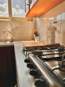 uma cozinha com uma placa de fogão e forno. em Panoramic 7 em Turim