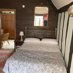 een slaapkamer met een bed met een spiegel en een raam bij The Swan Inn in Harwich