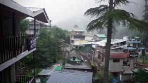 a group of buildings in a city with a tree at Odin Hostel Kasol in Kasol