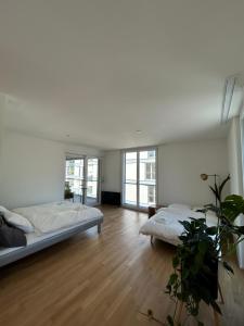 2 łóżka w dużym pokoju z drewnianymi podłogami i oknami w obiekcie The R Apartment Passwang, KLIMA, NEU, Balkon, Parking w mieście Balsthal