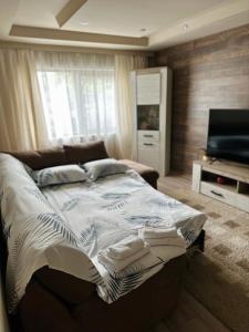 a bedroom with a bed and a flat screen tv at Casa Cristina in Tuzla