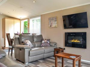 a living room with a couch and a fireplace at Wildhaven Lodge in Dalbeattie