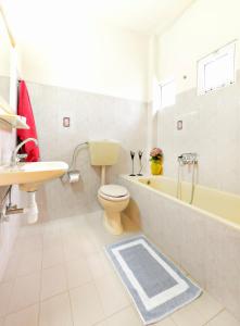 a bathroom with a toilet and a tub and a sink at Yannis Hotel in Krinídhes