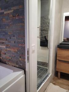 La salle de bains est pourvue d'une douche en verre avec un mur en briques. dans l'établissement Appartement cosy & piscine privée - Le Strelitzia, à Vergèze