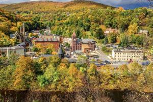 an aerial view of a town with a mountain at Chalet Retreat w/ Hot Tub, Short Walk to Lake & Pool in Jim Thorpe