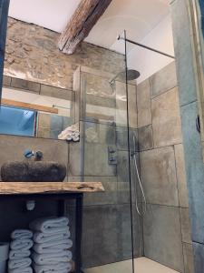 La salle de bains est pourvue d'une douche avec une porte en verre. dans l'établissement La Belugue, à Beaumont-de-Pertuis