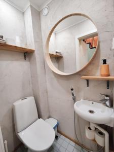 a bathroom with a toilet and a sink and a mirror at Ruma ankanpoikanen in Pori