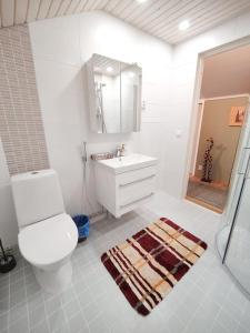 a white bathroom with a toilet and a sink at Ruma ankanpoikanen in Pori