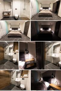 un collage de quatre photos d'une chambre dans l'établissement Chalet Venterivka, à Tatariv