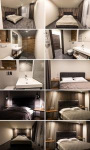 un grupo de cuatro fotos de un dormitorio con cama y lavabo en Chalet Venterivka en Tatariv
