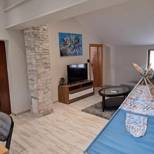 een woonkamer met een tv en een stenen open haard bij Stanovcic Apartments in Herceg-Novi +17 foto's