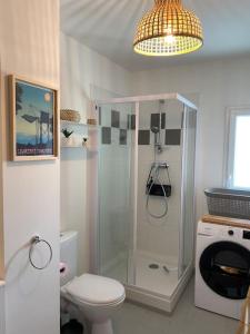 a bathroom with a shower and a toilet and a chandelier at Appt confort avec terrasse au calme à Fouras! in Fouras