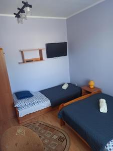 ヤストシェンビャ・グラにあるPokoje Goscinne Bartoszのベッドルーム1室(ベッド2台、壁掛けテレビ付)