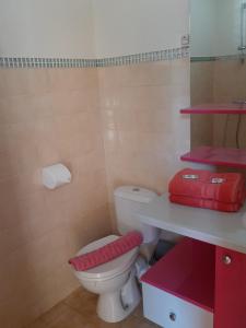 a bathroom with a toilet and a counter with pink shelves at RESIDENCE MON REFUGE in Grande Anse
