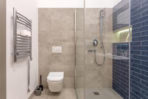 a bathroom with a toilet and a glass shower at Alder Bridge Apartment in Budapest