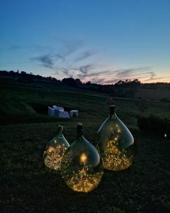 trzy szklane butelki z oświetleniem w polu w obiekcie Il Giardino nella Valle w mieście Belvedere Ostrense