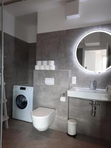 SkySuite Holiday Home في فيينا: حمام مع مرحاض ومغسلة وغسالة +21 صورة